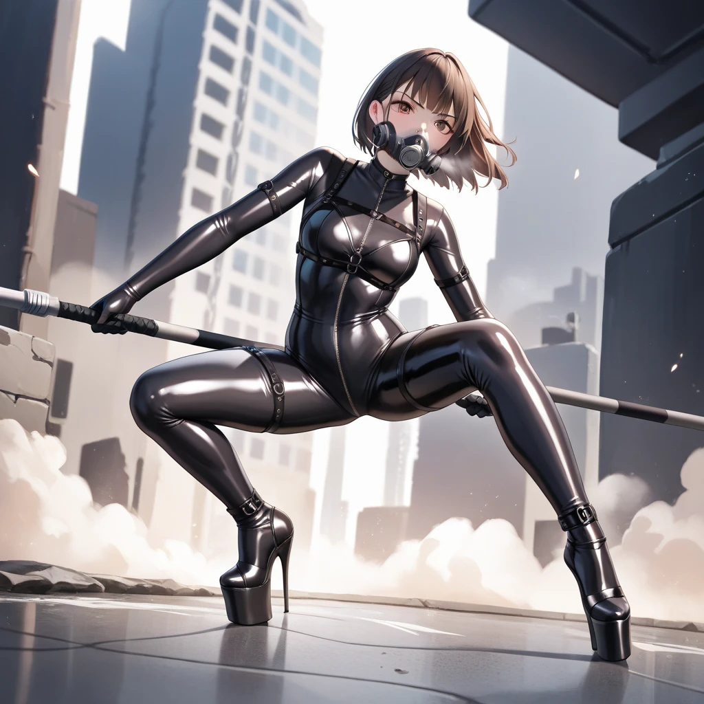 (best quality),(high resolution),(bangs,respirator,black bodysuit,latex bodysuit,black gloves,black footwear,high heels,platform heels,bodysuit,Latex pants),(Action pose,hold a spear),(Industrial sci-fi)