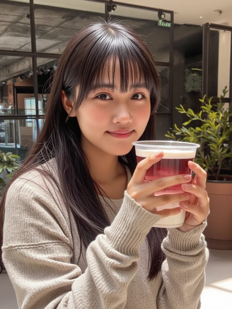 long hair, blur background, Bokeh. she has a drink. White long-sleeved knit. looking at the camera, Detailed and beautiful eyes, Cute smile, A soft and gentle look. She is in a cafe at night. (((ultra highres))),(((extremely detailed))), exceptionally detailed, best quality, 8k resolution, meticulous details, photo-realistic, realistic textures,Perfect big eye, accurate anatomy, ultra HD hair, Beautiful ultra-high definition face, (Beautiful teeth with ultra-high definition depiction:1.1)