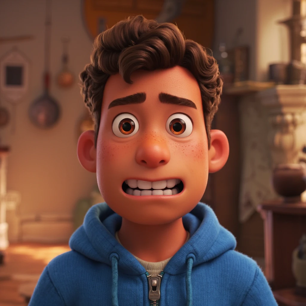 A Disney man reimagined in Pixar style, He has a charming smile and gentle eyes, with Pixarâs expressive facial features and smooth animation style. Dressed in a blue hoodie