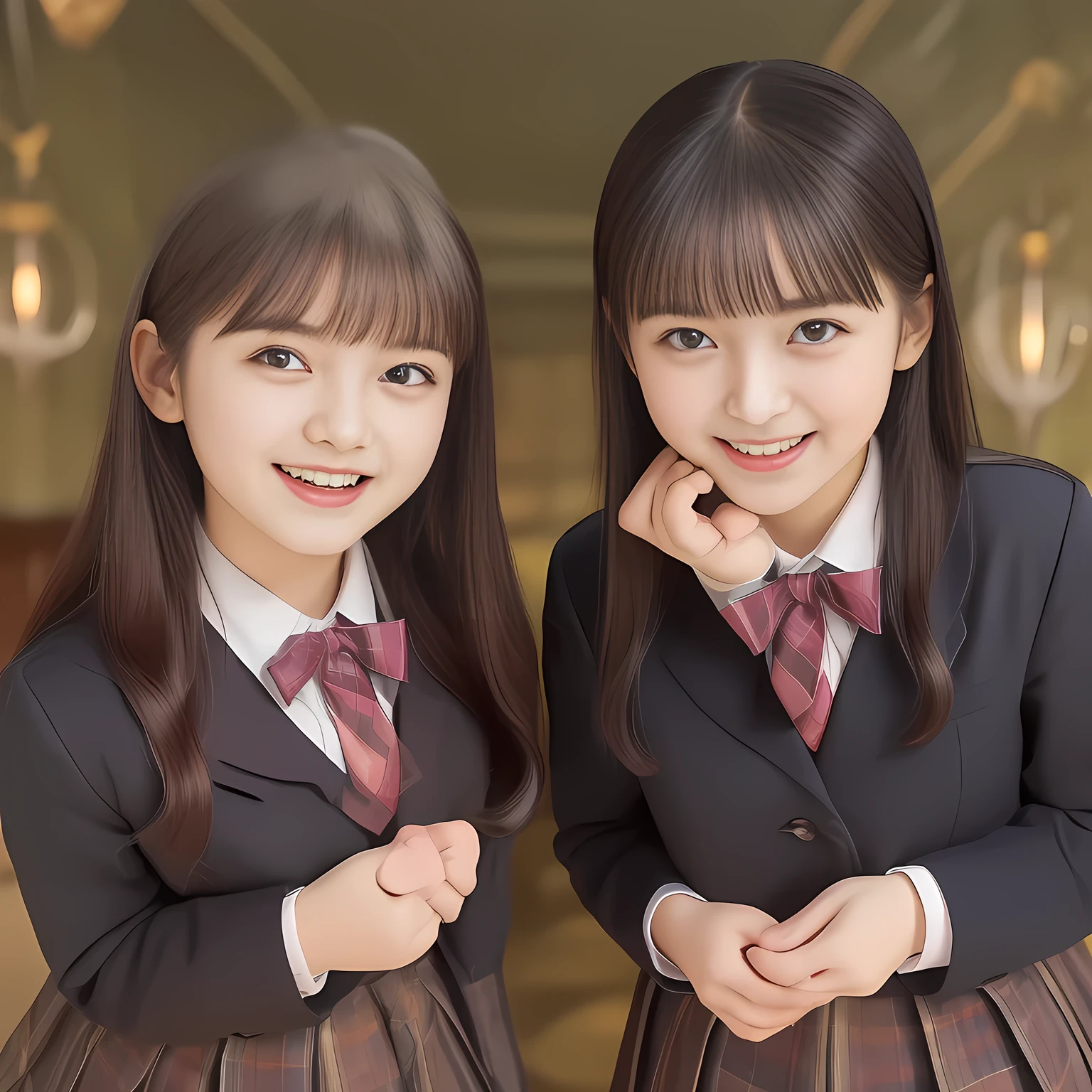 (Highest quality, masterpiece:1.2), Highest quality, High resolution, 1080P, 8k, clearly detailed, (Two girls are flying, bending down at the waist and their shining eyes are looking at the viewer directly, Girls faces are at the top of the photo frame, Very-Low angle shot from below the girls, ceiling and chandelier background: 2.0) (Nobly bowing super-pretty shining-long-hair super-beautiful super-bewitching super-cute expensive school-uniform pretty slender 14yo-fashion-model of most-beautiful-school-uniform-girl-models photo-magazine in Japan, too beautiful aristocratic daughter laughing at the viewer, in supreme bliss, bowing and accepts the viewer's every desire: 1.8), (long bottom eye-slashes, long top eye-slashes), (very bewitching beautiful full-open lips: 1.4), (neat gorgeous school uniform of private high school in Japan. navy-school-blazer with gold-emblem, super-neat navy-blue-lined-tartan-checkered light-blue-pleats-school-skirt, super-girly plain-red ribbon on the breast: 1.5), (bewitching expression, smile, lips, and pose to corrupt the viewer, everything is planned and prepared to corrupt the viewer into the allusion of love towards the girl: 1.2), (clearly detailed foreground focusing on girl's beauty and cuteness, gorgeous blue girly bed background of full-of-girls girly-heaven: 1.2), (extending her arms to the viewer like requesting hugging, calling out the name of the viewer loudly), (navy checkered school skirt), (several golden heart cute accessories)