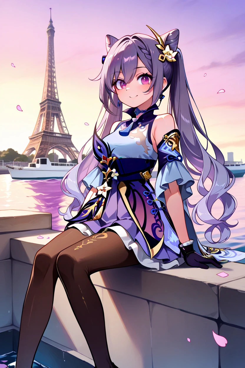 masterpiece, best quality, 1girl, solo, 21 year old model, eyelashes, (beautiful eyes),     zzKeqing, purple eyes, hair between eyes, cone hair bun, hair bun, hair ornament, long hair, purple hair, twintails, double bun,    black pantyhose, dress, bare shoulders, detached sleeves, gloves, frills, skirt,  ,zzEiffelTower in background, sitting, watercraft, boat, sitting on wall, side view, looking at viewer, smile,,, blooming stars, luminescent petals, otherworldly fragrance blurry background, 