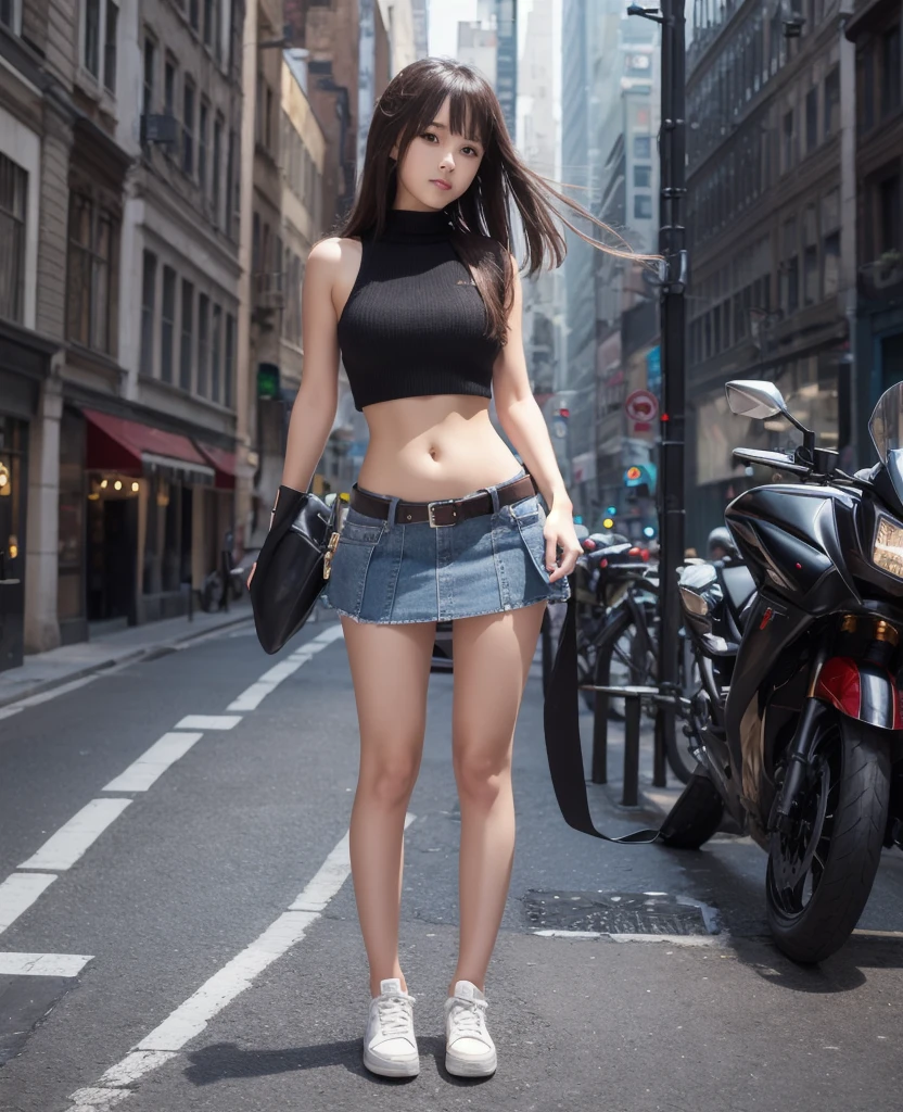 The Art of Digital Cyberpunk, Girl in Mecha Cyber Armor, cyberpunk beautiful girl,((Lots of accessories))、The wind is blowing、Well-formed face、Girl Naked、barechested、((Nothing is worn))、fullnude、Naked 14 years old、fullnude、8Head and body、a small face、A slender、Very skinny、skinny、tiny chest,Ribs、discreet breasts、Smaller chest、small tits、beauty legs、Constricted waist、dented belly、Model body type、Beautiful hair、Backgrounds that look like real photos、(((NSFW)))、outside of house、(Thigh strap for only one leg)、Happy face、((The view is amazing.))、Show to a very large audience、A smile、Near Future Cosplay、NSFW、Direct sunlight、Gantz,GANTZ Suit、X-gun
