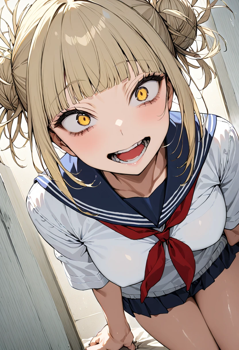 toga himiko, Double Bang ,  Yellow Eyes ,  blonde hair ,  wide open mouth, ,  school uniform, tooth, smile, ,  school uniform, tooth, smile,  sailor suit, Blue sailor collar, ((full body)),  Red Neckerchief , teeth,Masseter muscle area,  top quality,32K、 wallpaper,  super detailed, Absurd beauty,  1 girl 、Thin legs、Make the head smaller、いたずらっぽいsmile、break,  the angle of looking up from below :1.5、♡♡♡、( Moving Pose )、 thighs thighs thighs 、 medium short hair 、  is leaking sex by morning, Angle looking up from below:1.5