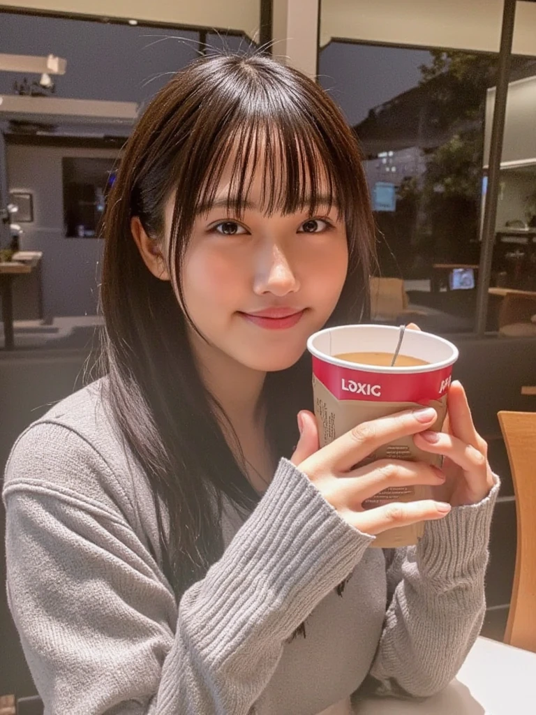 long hair, blur background, Bokeh. she has a drink. White long-sleeved knit. looking at the camera, Detailed and beautiful eyes, Cute smile, A soft and gentle look. She is in a cafe at night. (((ultra highres))),(((extremely detailed))), exceptionally detailed, best quality, 8k resolution, meticulous details, photo-realistic, realistic textures,Perfect big eye, accurate anatomy, ultra HD hair, Beautiful ultra-high definition face, (Beautiful teeth with ultra-high definition depiction:1.1)