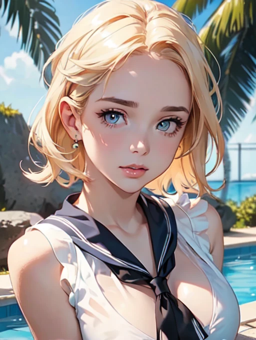 Close up of face, beautiful face, cute face, (((toppless))), (((sheer sailor shirt , Sleeveless ))), (((Show off cleavage))), (((Large breasts))), (((Open front))), Detailed beautiful eyes, (((Sunny))), extremely detailed CG unified 8k wallpaper, very fine 8KCG wallpaper, (masterpiece, Best Quality), High resolution, Ultra-detailed, ultra-sharp, 1 girl, Naked, perfecteyes eyes