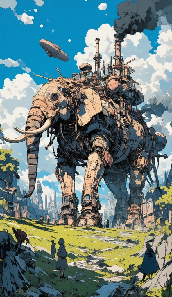 A steampunk-inspired, self-moving castle designed to have the silhouette of an elephant without looking exactly like one. The structure is a complex fusion of mechanical parts, gears, and steam-powered engines, with large metallic legs resembling an elephant's, a trunk-like front, and steam pipes forming tusk-like shapes. The body of the castle is a blend of industrial elements and a whimsical, fantastical design, featuring smokestacks emitting black smoke and small houses built onto its sides. Above the moving castle are a couple of steampunk airships. The backdrop is a lush, grassy plain with rocky terrain and a blue sky filled with clouds, evoking a mystical, cinematic atmosphere reminiscent of Studio Ghibli's art style.