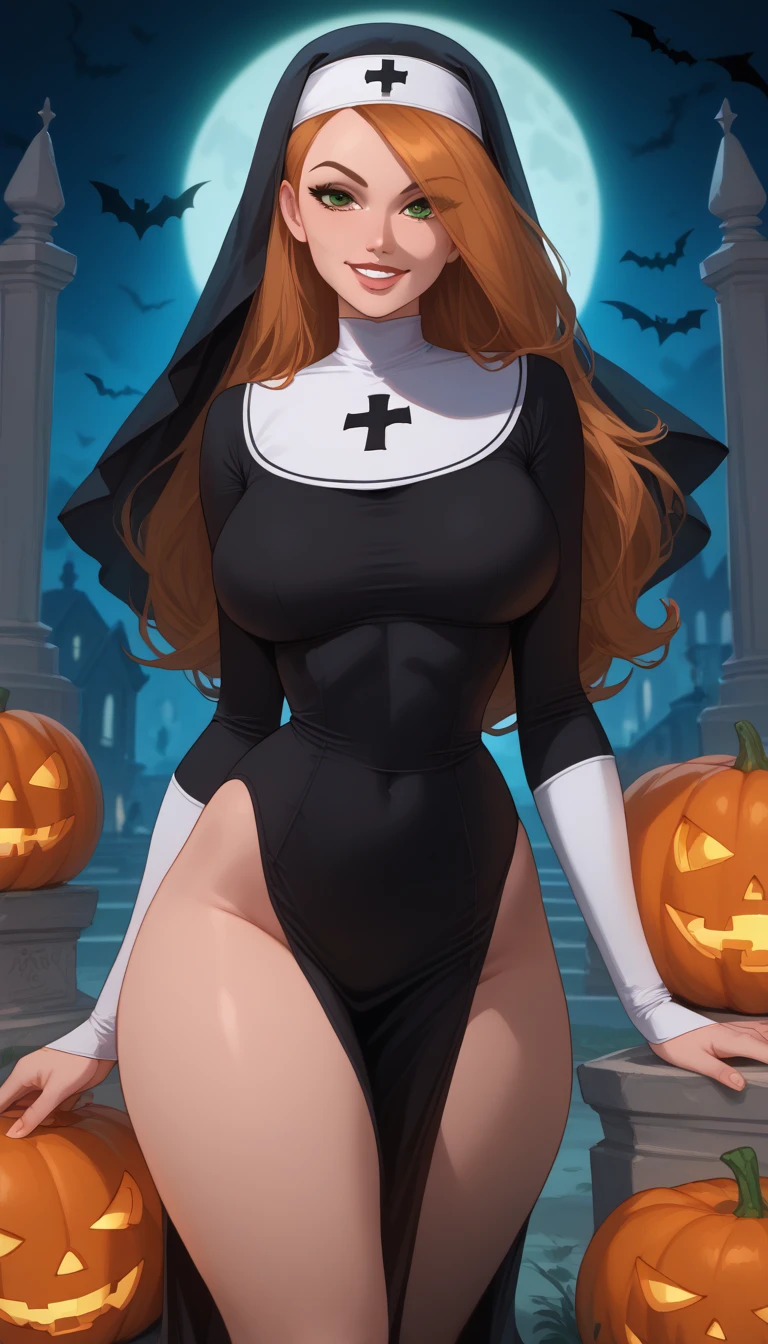 perfeita , kim possible, sexy nun  , free sexy, long hair, green eyes, smile,, thick thighs ,Dynamic pose,smile, Big breasts , vibrant colors,cemetery background ,,   lipstick and lip gloss costume ,very sexy,detailed hair, detailed eye  , Halloween 