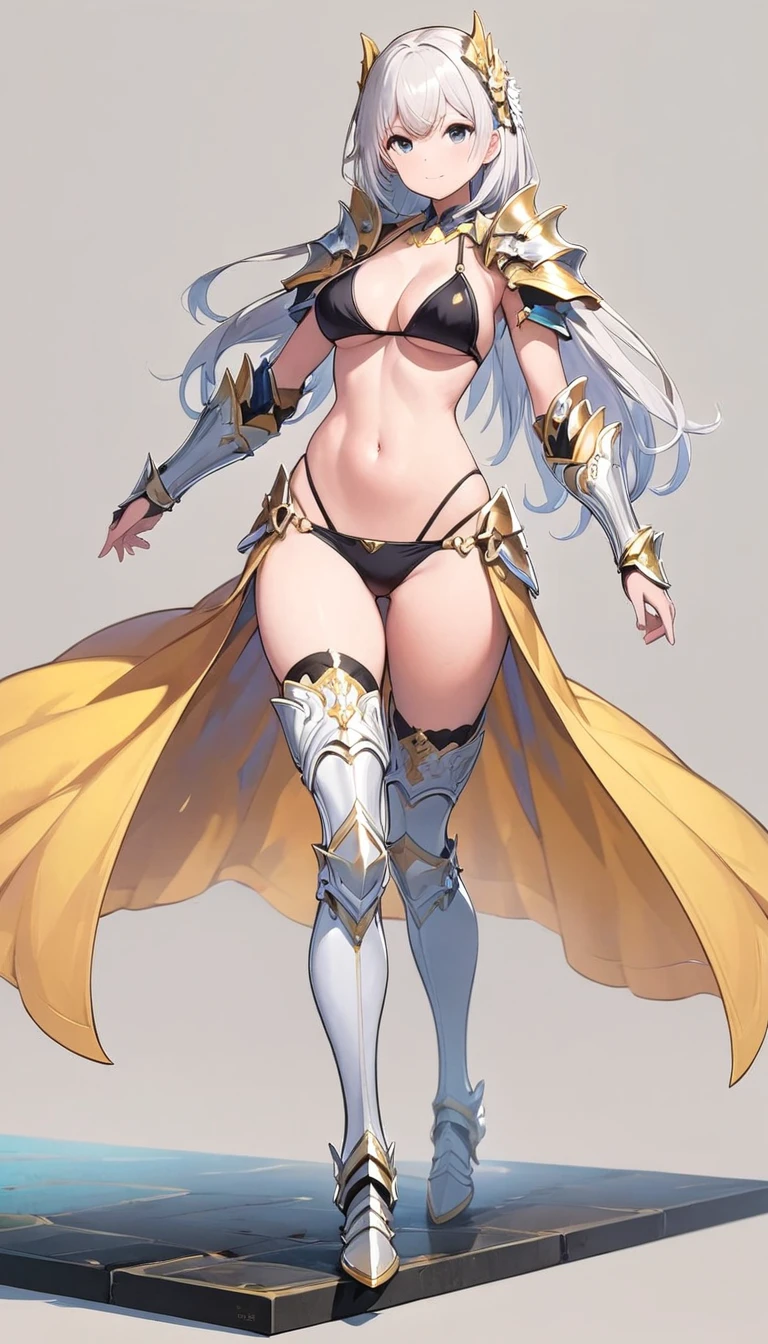 ((BLACK BACKGROUND1:2)) masterpiece, best quality, high quality, 1solo white SKIN elf, long hair, white hair, white eyes, full body, black bikini, looking at viewer, shiny, black thighhighs, high boots,shoulder armor, faulds, poleyn, gloves, gauntlets, FEET TOGETHER STANDING SYMMETRICAL, female elf big knockers cleavage bikini, black headwear, black choker collar, lustful smirking smile face red blushed red cheeks, smile, hands on hips