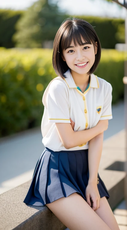 masterpiece, highest quality, Photorealistic, Very detailed, finely, High resolution, 8k wallpaper, Professional, High level of detail, ((15-year-old high school girl:1.2)), Slender Japanese women,, Collarbone Detail, Mid-chest、Perfect Face, (Positive:1.2)、(Cute Short Hair:1.5), Chestnut Hair、(school uniform:1.5)、(Navy blue swimsuit:1.2)、Cute Face、(Brown Skin:1.5)、Full Body Shot、(Camera angle looking up from below:1.5)、(Cute Smile:1.5)、Balanced Professional Portion、