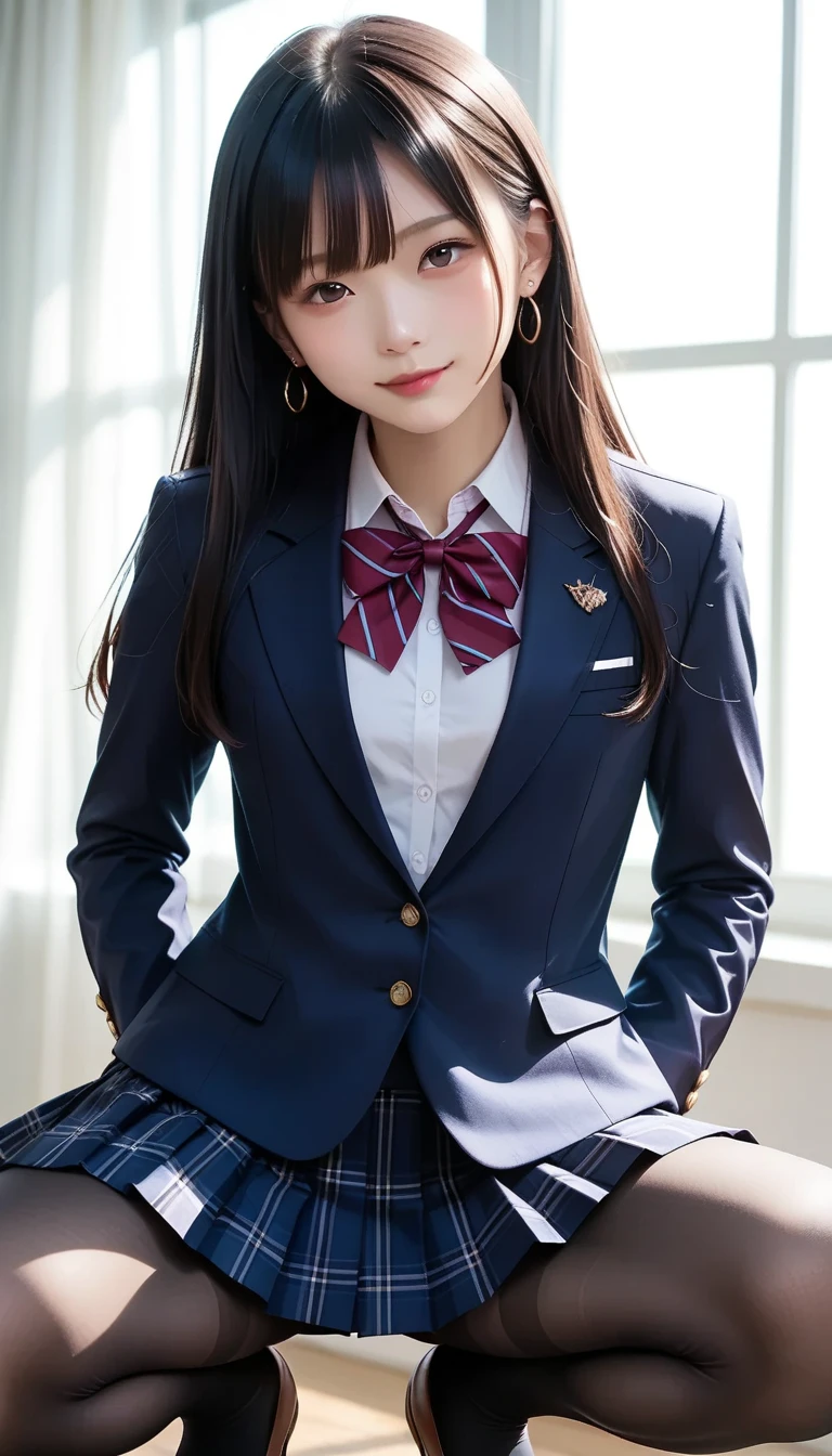 スコア_9, スコア_8_アップ, スコア_7_アップ, sアップer detailed, BREAK A stunning anime-style Japanese schoolgirl with long flowing black hair, wearing a stylish school uniform featuring a fitted blazer, short skirt, and tights. She has big, expressive eyes with intricate details and an enchanting smile. The scene is set in a bright classroom with warm lighting, where she leans forward playfully from the viewer's perspective while placing her hands behind her back. Her posture highlights her curvy figure and confident personality. She is depicted squatting or performing a split gracefully, surrounded by soft steam for an atmospheric touch. Vibrant colors, highly detailed shading, 32K resolution, masterpiece-level quality.