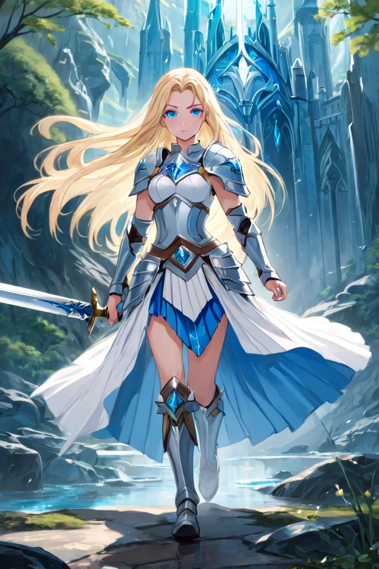 A beautiful magical girl warrior, long blonde hair, blue eyes, small breasts,Fantasy cropped armor  white pleated skirt. Tiara, sword and shield she goes on an adventure trip She walks through an imaginative landscape