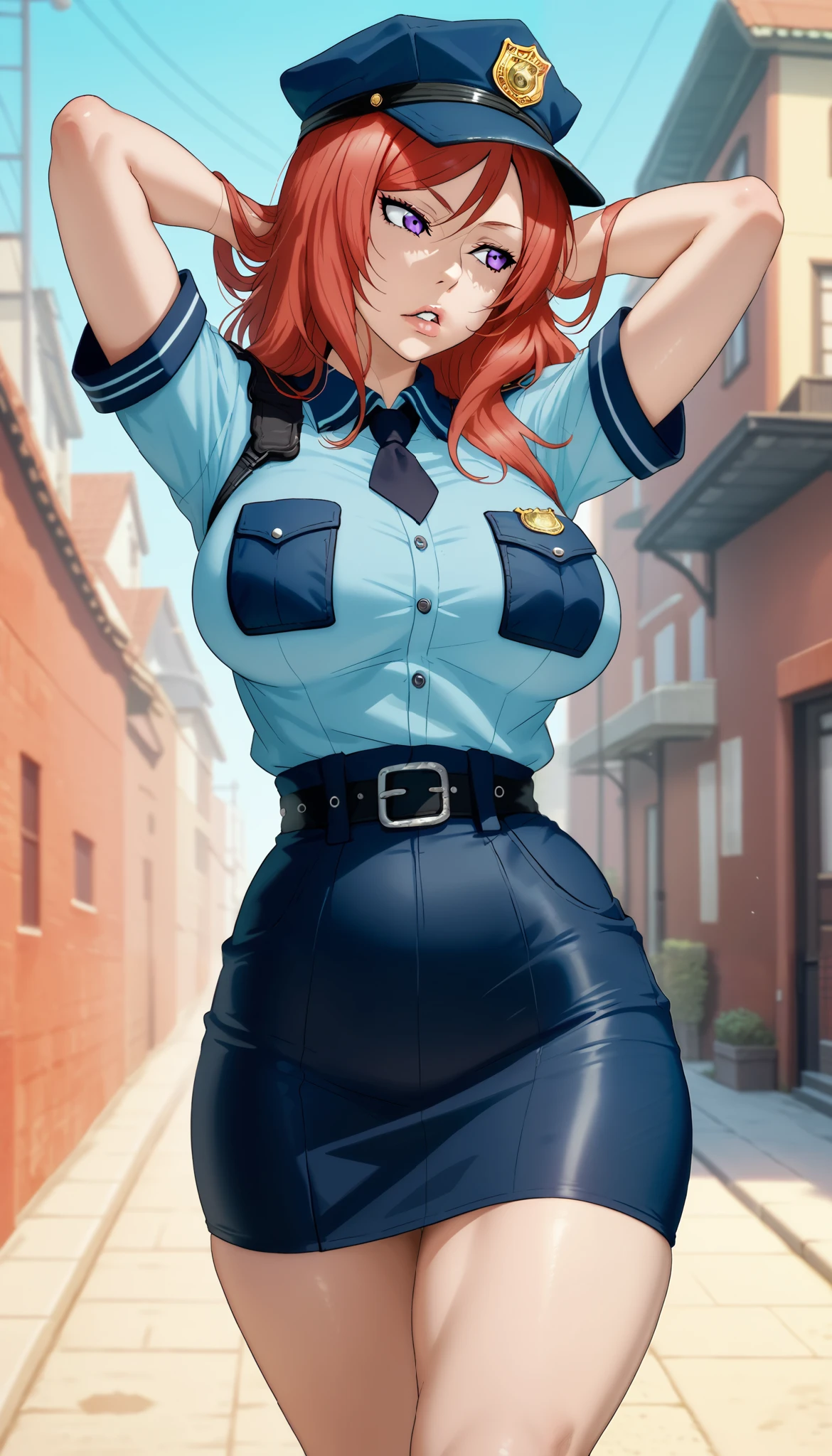 Female, Curvy body shape, Red hair, Bold geometric design, nishikino maki, sexual and bold posture, Outdoors, RUKIA Style,long hair, purple eyes,,seductive face,thin torso, narrow waist, police clothes,short skintight skirt, police cap,long girl, big breasts, parted lips, arms up behind head, looking away, impossible clothes, walking