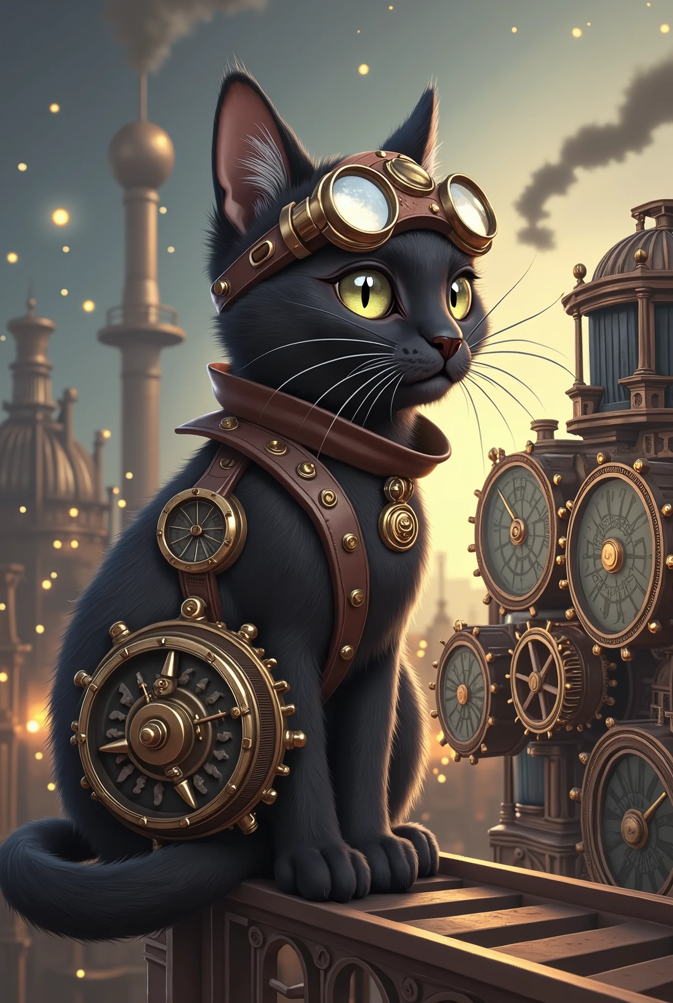 (masterpiece,  High Quality ,  high definition ,  Golden Ratio ,  movie lighting, 8k, very cute illustration art ), ((( super steampunk background and super steampunk black cat)))