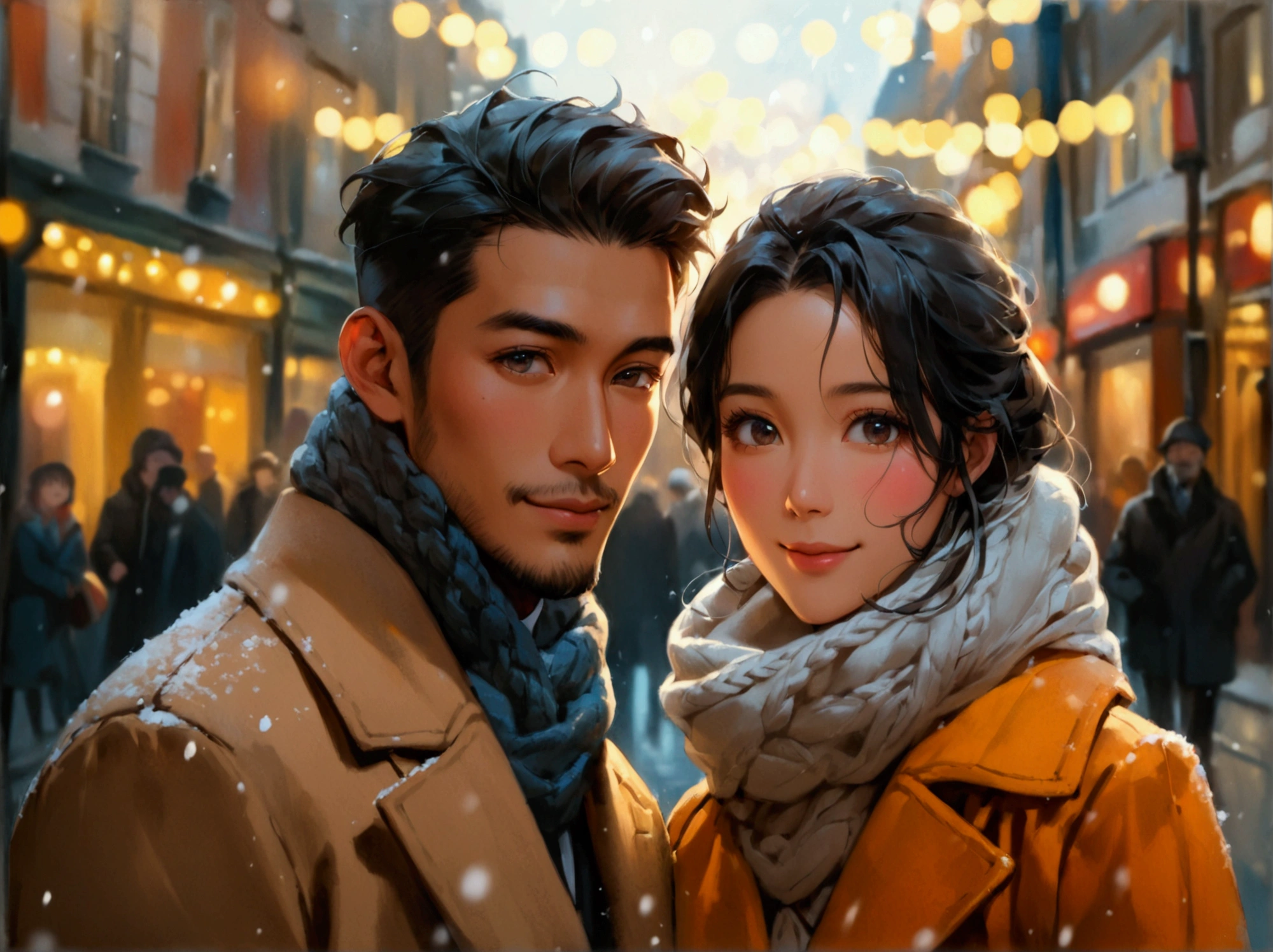 Portray a full shot of an international couple on the streets of London. The couple is walking arm in arm looking directly in to the camera, accentuating a joyful winter time. The couple features an Asian man in his thirties and a white European woman in her twenties. The man has a strong square face, defined by his brown skin, golden undertone, round black eyes, low cheek bones, a straight nose, and short black hair in class slick back. He is dressed in fine long coat over a suit. 
The pretty oval face of his European girlfriend is well defined by almond eyes in light hazel color, low cheek bones, prominent nose, blonde hair, fair complexity and cool undertone. She is dressed in a knitted sweater. London background on a chilly day with gray sky in an early morning, 
((full shot)), ((looking at viewer)), ((Asian man)), ((European woman)), (couple shot), ((wide view)), highly detailed, soft lighting, natural makeup, vibrant colors, (arm in arm), blush, ((smile))