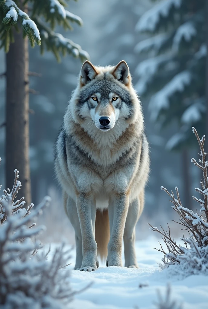  A beautiful wolf stands in the snow and looks with a clever, noble look, against the background of the taiga 