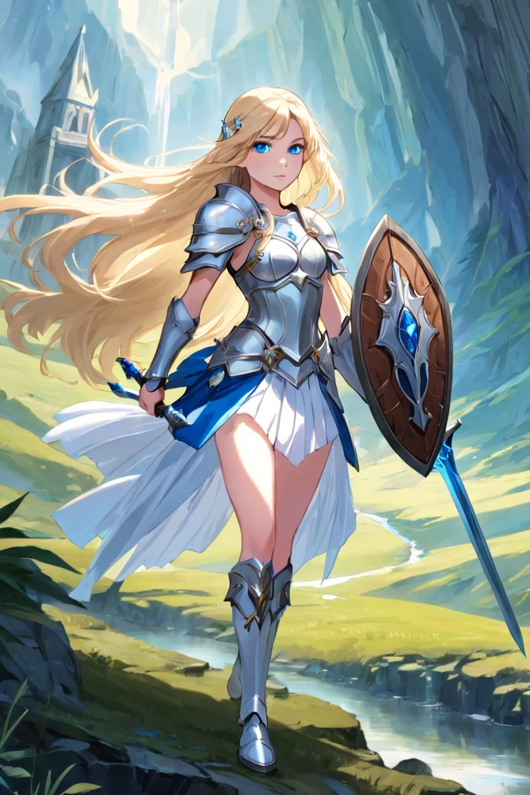 A beautiful magical girl warrior, long blonde hair, blue eyes, small breasts,Fantasy cropped armor  white pleated skirt. Tiara, sword and shield she goes on an adventure trip She walks through an imaginative landscape