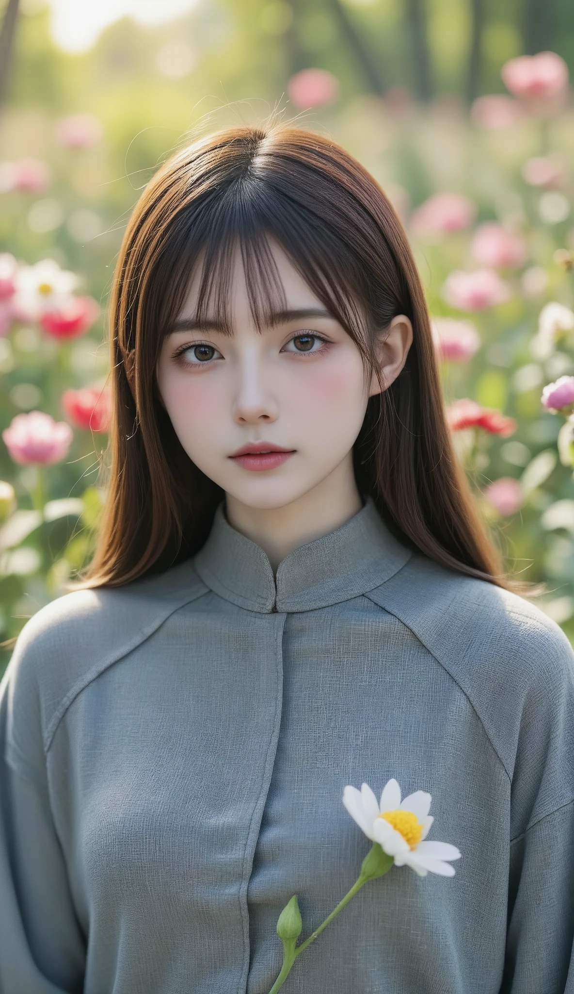 (masterpiece:1.2、 top quality)、、 intricate details、 one girl、albino、light brown eyes、Beautiful brown long hair 、 straight silky hair 、 twilight look 、 long grey poncho、((( outdoor、Flower Field、 colorful flowers々)))、 natural light、Dim lighting