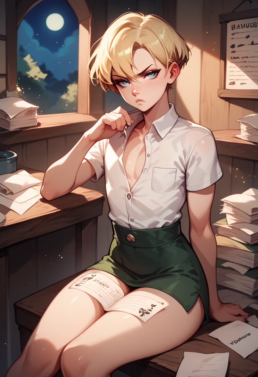 Femboy, half visible shirt, short blonde hair, sitting, writing in papers, in hunter house, night, serious expression