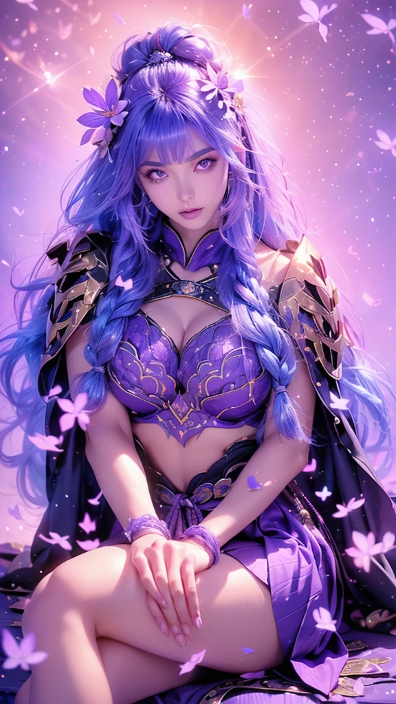 {best quality}, {very aesthetic}, {ultra-detailed}, nsfw, ((Sitting with Knees Up on sofa at living, spread legs))、 sexy female character wearing purple armor as a warrior from the Sengoku period、((realistic))、((rope braid hair))、((Mauve blue hair ))、((model-like physique))、((toned body))、(glistening skin)、 tight body、((flat chest))、((side boob))、 flat chested、 plump thighs 、 purple armor with violet flower patterns engraved 、((side boob))、(  wearing a cape with a violet flower pattern )、(drape skirt)、 purple armor with violet flowers engraved on it 、 purple high-leg underwear 、Purple tights、 absolute domain、(holding katana)、Dramatic lighting、Brilliant sunrise、 on top of the hill、((Violets dancing ))、(( full bloom in the background ))、(( large violet flowers in full bloom on the front ))、 cinema-like scene 、 Max Image、 Ultra High Definition、8k、masterpiece、crisp quality、