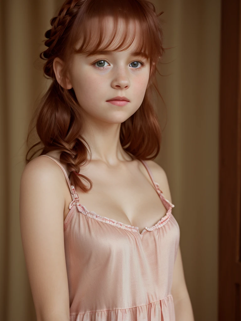 (best quality,4k,8k,highres,masterpiece:1.2),ultra-detailed,(realistic,photorealistic,photo-realistic:1.37), ((girl wearing nightgown, solo, shy)), ((very large bust size for her young age)), braided red hair, pale skin