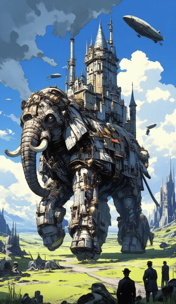 A steampunk-inspired, self-moving castle designed to have the silhouette of an elephant without looking exactly like one. The structure is a complex fusion of mechanical parts, gears, and steam-powered engines, with large metallic legs resembling an elephant's, a trunk-like front, and steam pipes forming tusk-like shapes. The body of the castle is a blend of industrial elements and a whimsical, fantastical design, featuring smokestacks emitting black smoke and small houses built onto its sides. Above the moving castle are a couple of steampunk airships. In the foreground, a few gentlemen in victorian steampunk outfit look on. The backdrop is a lush, grassy plain with rocky terrain and a blue sky filled with clouds, evoking a mystical, cinematic atmosphere reminiscent of Studio Ghibli's art style.