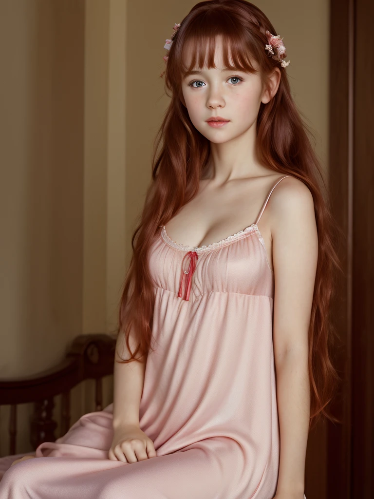 (best quality,4k,8k,highres,masterpiece:1.2),ultra-detailed,(realistic,photorealistic,photo-realistic:1.37), ((girl wearing nightgown, solo, shy)), ((very large bust size for her young age)), braided red hair, pale skin