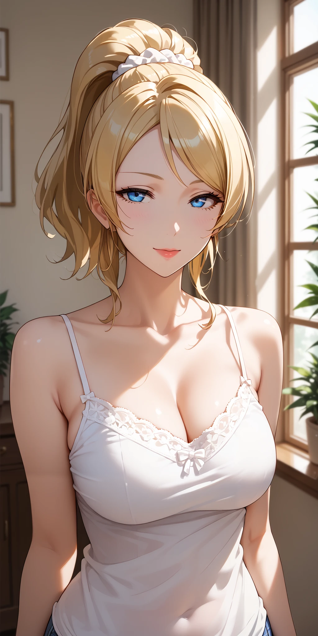 Score_9, Score_8_up, Score_7_up, Source_anime, anime art, anime style, very aesthetic, masterpiece, high quality, 1girl, seductive mature woman, milf, curvaceous, lovelive_eli, blonde hair, swept bangs, ponytail, white scrunchie, blue eyes, camisole