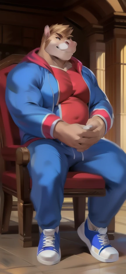 alone, Whole body,smiling , muscular, hypermuscle, huge muscle, big muscles, pectoral muscle , 1 chico  , big pecs , muscular thighs, muscular glutes  , young , cheered up , yu give oh! , jaden yuki  , black shirt, Red jacket, blue pants, Red shoes, Brown hair , pokkuti , hyper muscular , boy, male, bulge , Penis Bulge , sitting on a throne, royal throne, sitting