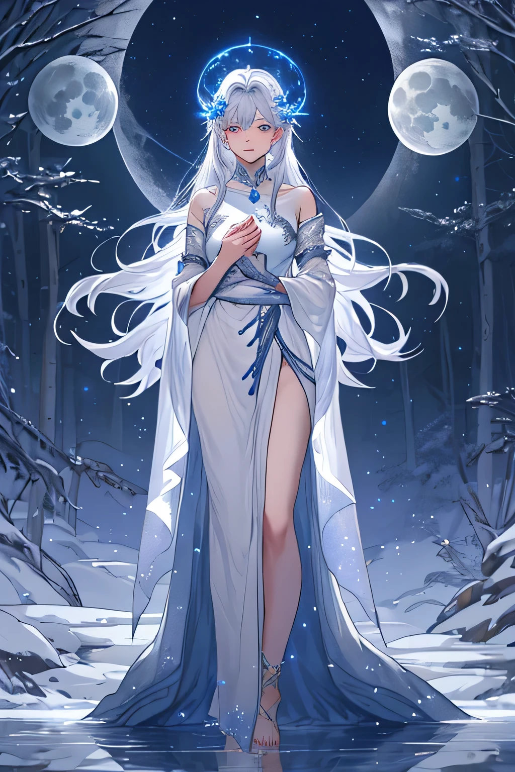 name: Lunar Emissary ,background: moonlit forest clearing,masterpiece, best quality, highres icon, full body, ethereal glow,
gender: female,height: 165cm,body type: delicate,hair: long silver hair, glowing faintly in the moonlight,eyes: icy blue with star-like sparkles,skin: porcelain fair,age: 22,
outfit: flowing celestial robe, embroidered with silver threads resembling constellations,material: silk and moonlight,weave,color scheme: silver and white,
accessories: glowing orb levitating in one hand,expression: calm and serene,pose: gently reaching out with her hand, standing amidst floating petals,
negative_prompt: low quality, bad anatomy, NSFW, duplicate, blending.