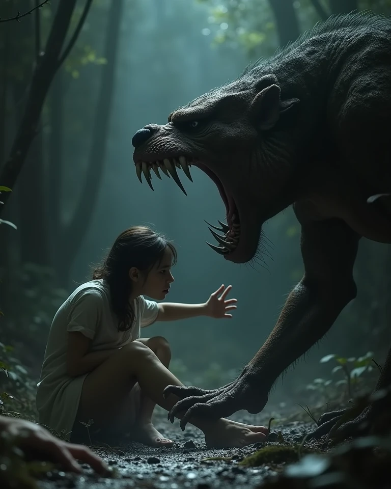 White girl with short brown hair, observing a large monster with reddish eyes while she is injured 