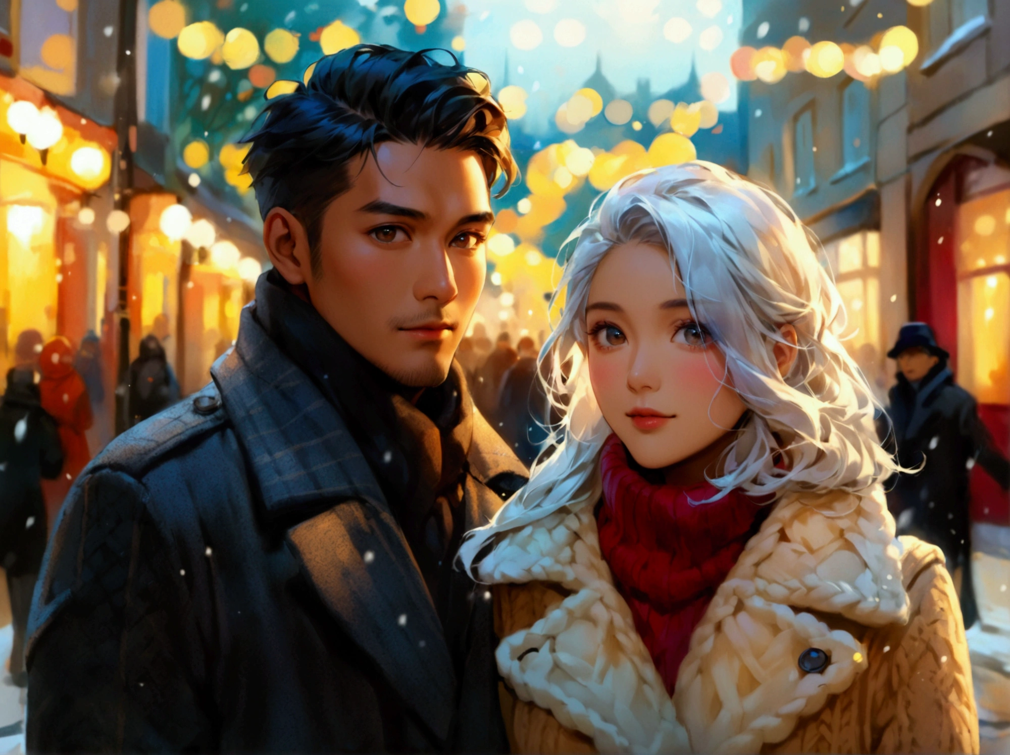 Portray a full shot of an international couple on the streets of London. The couple is walking arm in arm looking directly in to the camera, accentuating a joyful winter time. The couple features an Asian man in his thirties and a white European woman in her twenties. The man has a strong square face, defined by his brown skin, golden undertone, round black eyes, low cheek bones, a straight nose, and short black hair in class slick back. He is dressed in fine long coat over a suit. 
The pretty oval face of his European girlfriend is well defined by almond eyes in light hazel color, low cheek bones, prominent nose, long blonde hair, fair complexity and cool undertone. She is dressed in a knitted sweater. London background on a chilly day with gray sky in an early morning, 
((full shot)), ((looking at viewer)), ((Asian man)), ((European woman)), (couple shot), ((wide view)), highly detailed, soft lighting, natural makeup, vibrant colors, (arm in arm), blush, ((serious))