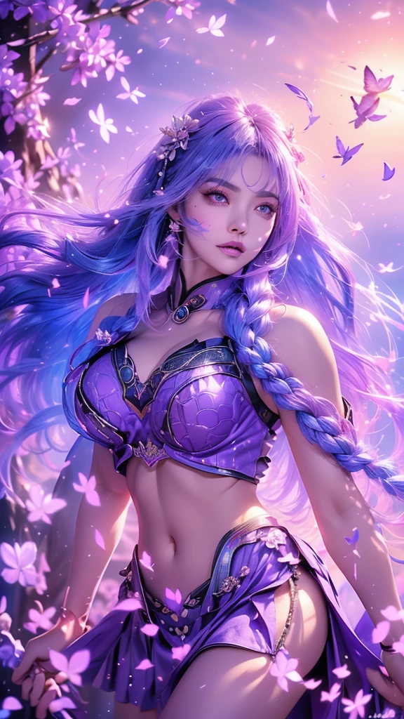 {best quality}, {very aesthetic}, {ultra-detailed}, nsfw, ((Scowgirl position))、 sexy female character wearing purple armor as a warrior from the Sengoku period、((realistic))、((rope braid hair))、((Mauve blue hair ))、((model-like physique))、((toned body))、(glistening skin)、 tight body、((flat chest))、((side boob))、 flat chested、 plump thighs 、 purple armor with violet flower patterns engraved 、((side boob))、(  wearing a cape with a violet flower pattern )、(drape skirt)、 purple armor with violet flowers engraved on it 、 purple high-leg underwear 、Purple tights、 absolute domain、(holding katana)、Dramatic lighting、Brilliant sunrise、 on top of the hill、((Violets dancing ))、(( full bloom in the background ))、(( large violet flowers in full bloom on the front ))、 cinema-like scene 、 Max Image、 Ultra High Definition、8k、masterpiece、crisp quality、