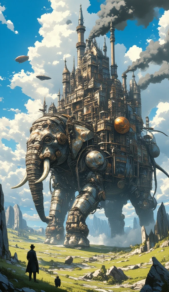 A steampunk-inspired, self-moving castle designed to have the silhouette of an elephant without looking exactly like one. The structure is an unsymmetrical and complex fusion of mechanical parts, gears, and steam-powered engines, with large metallic legs resembling an elephant's, a trunk-like front, and steam pipes forming tusk-like shapes. The body of the castle is a blend of industrial elements and steampunk designs, featuring smokestacks emitting black smoke and small houses built onto its sides. The castle is galloping. Above the moving castle is a giant steampunk airship. In the foreground, a few gentlemen in Victorian steampunk outfit look on. The backdrop is a lush, grassy plain with rocky terrain and a blue sky filled with clouds, evoking a mystical, cinematic atmosphere reminiscent of Studio Ghibli's art style. The image is slightly blurry caused by the amount of smoke the castle emits.