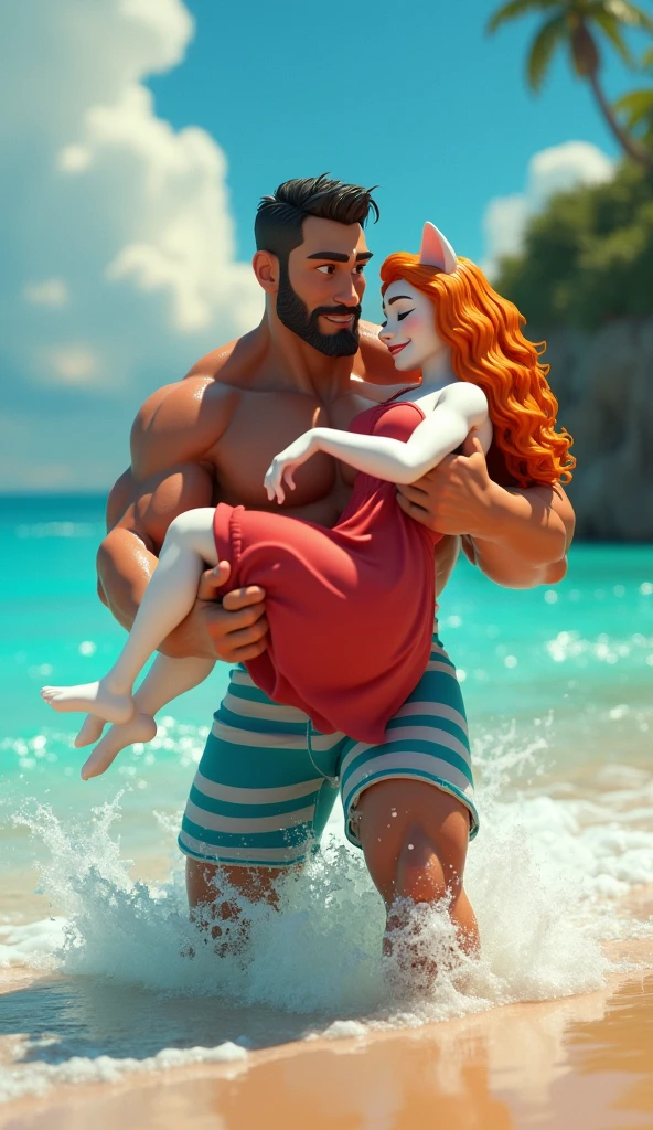 (Daphne Blake (human) bikini) full body, kissing (Scooby Doo, Great Dane dog) on a deserted beach