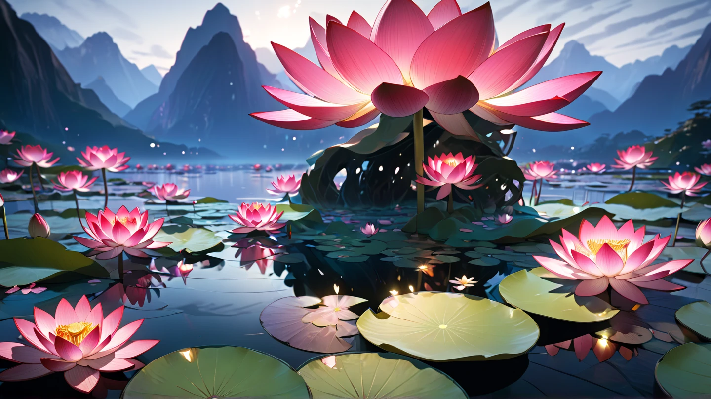 3D Spatial,Lotus flowers are blooming all over , Countless water lily flowers , Each petal is formed with a beautiful contrast,Light Crimson , pink, White Gradient ,The waterside where water lilies are in full bloom,There is a gentle untouched mountain in the back々,Time is night,Deep Night, beautifully illuminated by moonlight,star々A twinkling ,Portrait depiction , Magical Atmosphere , Textures Exquisitely Crafted ,  Details,  Ultra Precision Art,