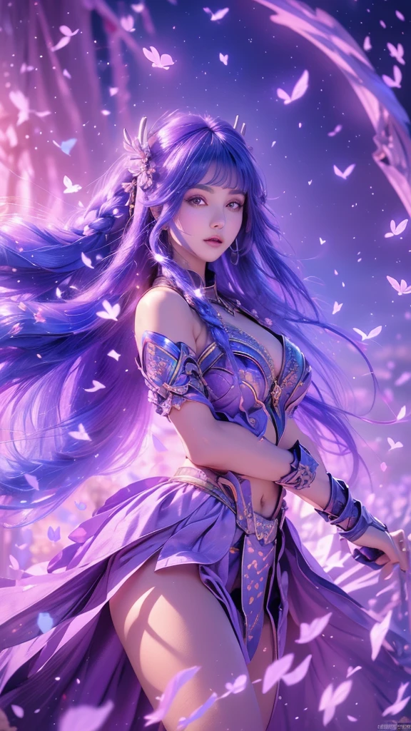 {best quality}, {very aesthetic}, {ultra-detailed}, nsfw, ((Scowgirl position))、 sexy female character wearing purple armor as a warrior from the Sengoku period、((realistic))、((rope braid hair))、((Mauve blue hair ))、((model-like physique))、((toned body))、(glistening skin)、 tight body、((flat chest))、((side boob))、 flat chested、 plump thighs 、 purple armor with violet flower patterns engraved 、((side boob))、(  wearing a cape with a violet flower pattern )、(drape skirt)、 purple armor with violet flowers engraved on it 、 purple high-leg underwear 、Purple tights、 absolute domain、(holding katana)、Dramatic lighting、Brilliant sunrise、 on top of the hill、((Violets dancing ))、(( full bloom in the background ))、(( large violet flowers in full bloom on the front ))、 cinema-like scene 、 Max Image、 Ultra High Definition、8k、masterpiece、crisp quality、