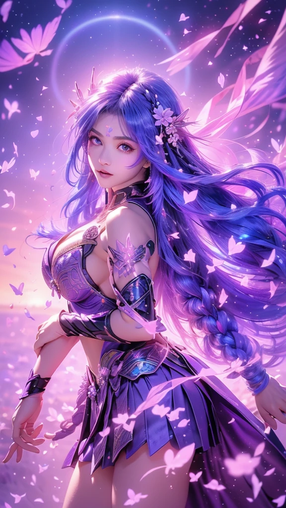 {best quality}, {very aesthetic}, {ultra-detailed}, nsfw, ((Scowgirl position))、 sexy female character wearing purple armor as a warrior from the Sengoku period、((realistic))、((rope braid hair))、((Mauve blue hair ))、((model-like physique))、((toned body))、(glistening skin)、 tight body、((flat chest))、((side boob))、 flat chested、 plump thighs 、 purple armor with violet flower patterns engraved 、((side boob))、(  wearing a cape with a violet flower pattern )、(drape skirt)、 purple armor with violet flowers engraved on it 、 purple high-leg underwear 、Purple tights、 absolute domain、(holding katana)、Dramatic lighting、Brilliant sunrise、 on top of the hill、((Violets dancing ))、(( full bloom in the background ))、(( large violet flowers in full bloom on the front ))、 cinema-like scene 、 Max Image、 Ultra High Definition、8k、masterpiece、crisp quality、