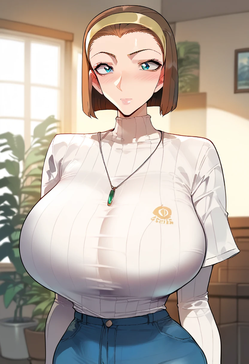 Hyper realistic, Suzuki Sonoko, short hair, brown hair, hairband, Blue eyes, mature female, perfect face, perfect lighting, sexy female, ,huge breasts,High neck long sleeve white ribbed knit T-shirt(loose)、デニムパンツ