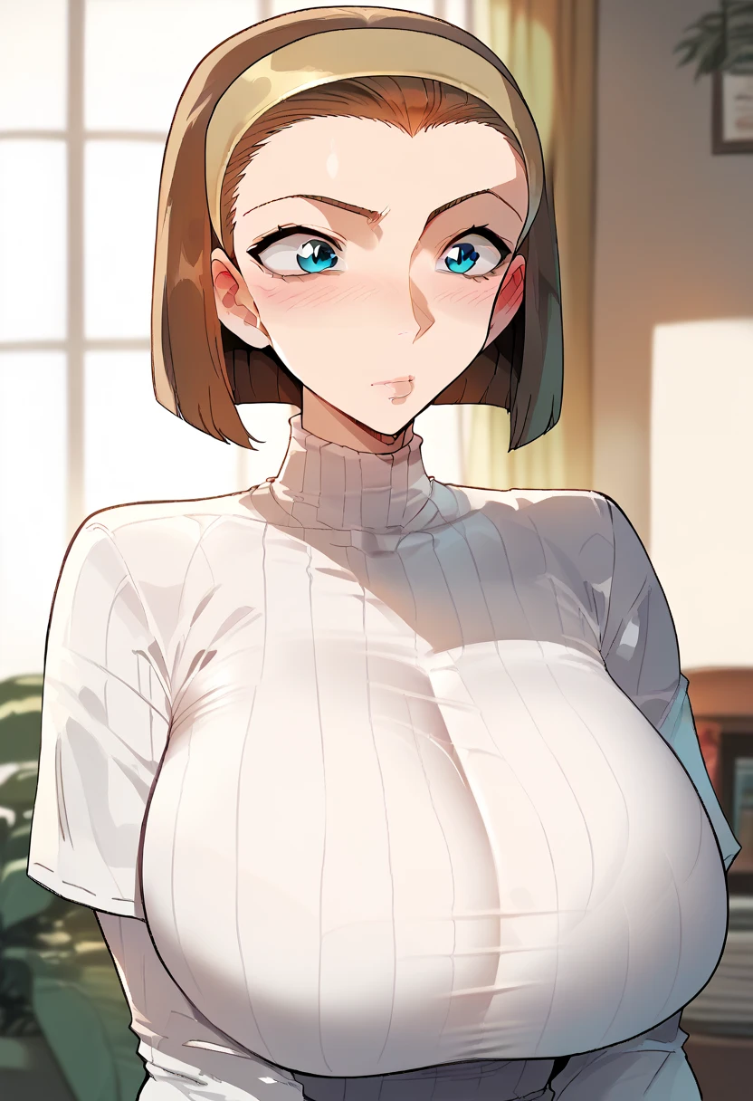 Hyper realistic, Suzuki Sonoko, short hair, brown hair, hairband, Blue eyes, mature female, perfect face, perfect lighting, sexy female, ,huge breasts,High neck long sleeve white ribbed knit T-shirt(loose)、デニムパンツ