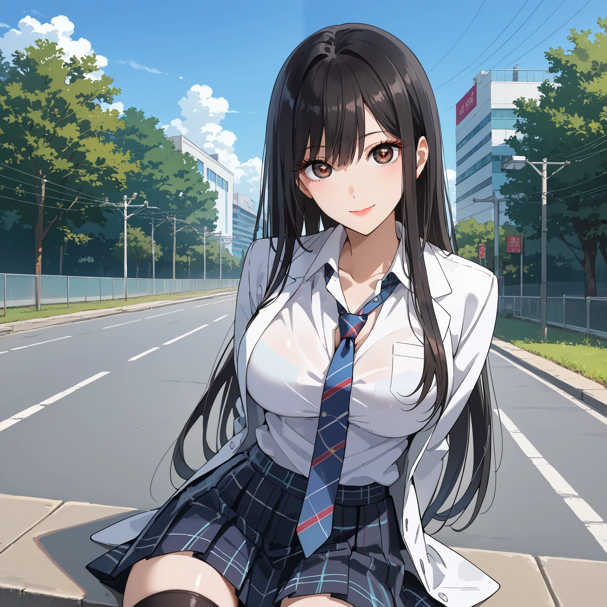 score_9, score_8_up, score_7_up, source_Anime,masterpiece, big eyes,smile 、 top quality, beautifully detailed eyes , Desperate look 、 cute girl、 highly detailed eyes and face , black eyes,cleavage,partially unbuttoned,black hair, long hair,Brown eyes, 1girl, Alone,white blazer、white Jacket,white shirt, High School Girls 、school uniform、 checked skirt 、blue and black skirt,Big Breasts , has no feelings, looking at viewer,black thighhighs,Slim Leg,sit up, sharp eyes,outdoor, day, plaid tie、red and blue tie,arms behind back
