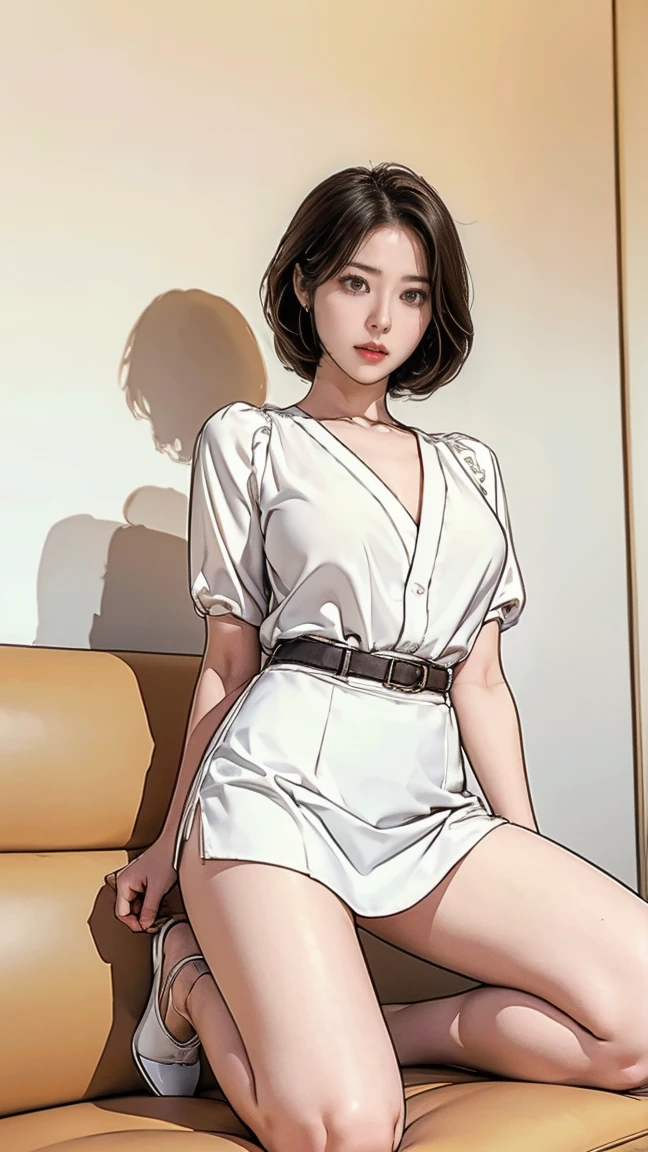  office, The beauty of a Japanese woman sitting on a sofa,  short hair,  big breasts、 white blouse 、 white tight mini skirt:1.5、 beautiful legs,  in white high heels , Bare legs, ((Open Your Legs and Stand on Your Knees :1.3、 sees white panties:1.1))、Shooting from below