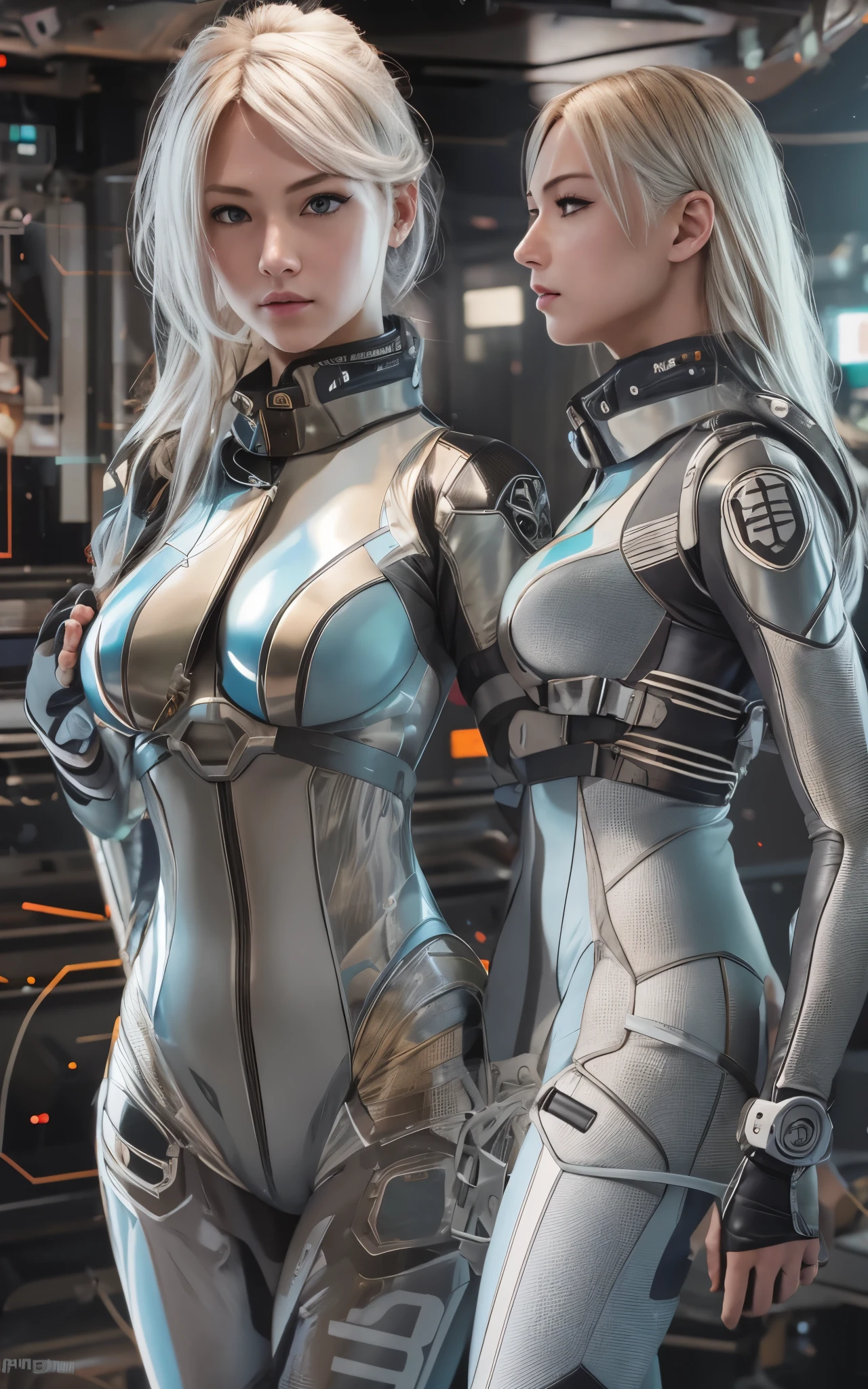 8k, unreal engine, photorealistic, Swedish, frontal, torso, mech suit with exposed breasts and nipples, firm nipple, blonde hair, long plaited pigtails, beautiful face, fine skin texture, high detail, high detail eyes, blue eyes, ring pierced ears, semi profile pose, dark background, light attenuation, sultry, looking into camera, high detail nipples, exposed belly, toned abs, belly button, mech suit, mechanical armour, scar, futuristic armour, neon lights,
