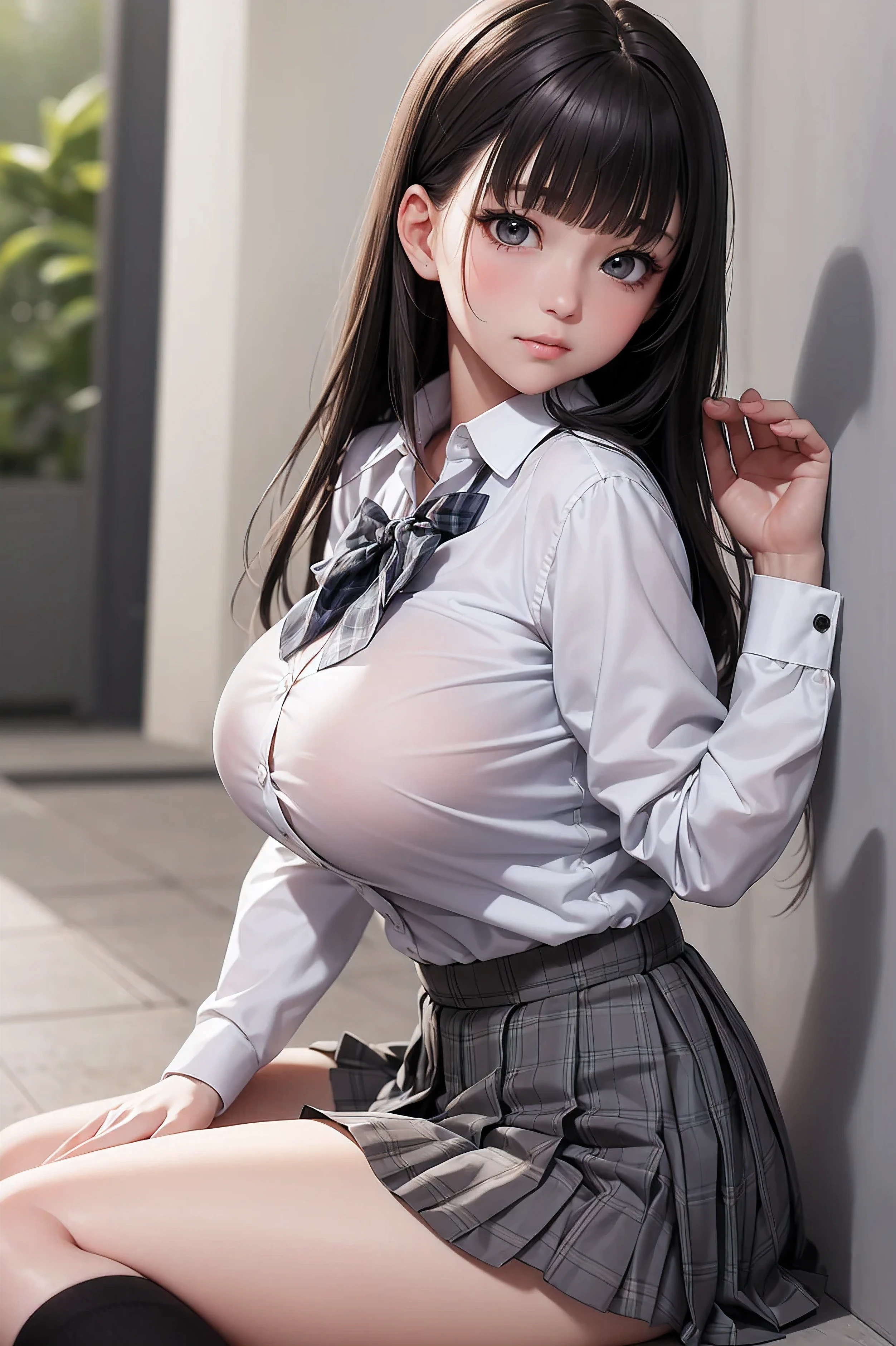 (ultra-detailed),( Japanese girl ),(1 person,Age 15),( school uniform, white long sleeve shirt, Grey Plaid Short Pleated Skirt, Black Knee High Socks :1.5),(light brown eyes,Cute eyes,Look here, embarrassed face taking off a towel),(( Very Big Breasts)),( big thighs),( black hair, medium straight hair),(blunt bangs:1.2),(School, cowboy shot),( anime style:1.2),8k, best quality, clear,  best quality, ultra high res, super detail, accurate, high details,  highres icon,,detailed face