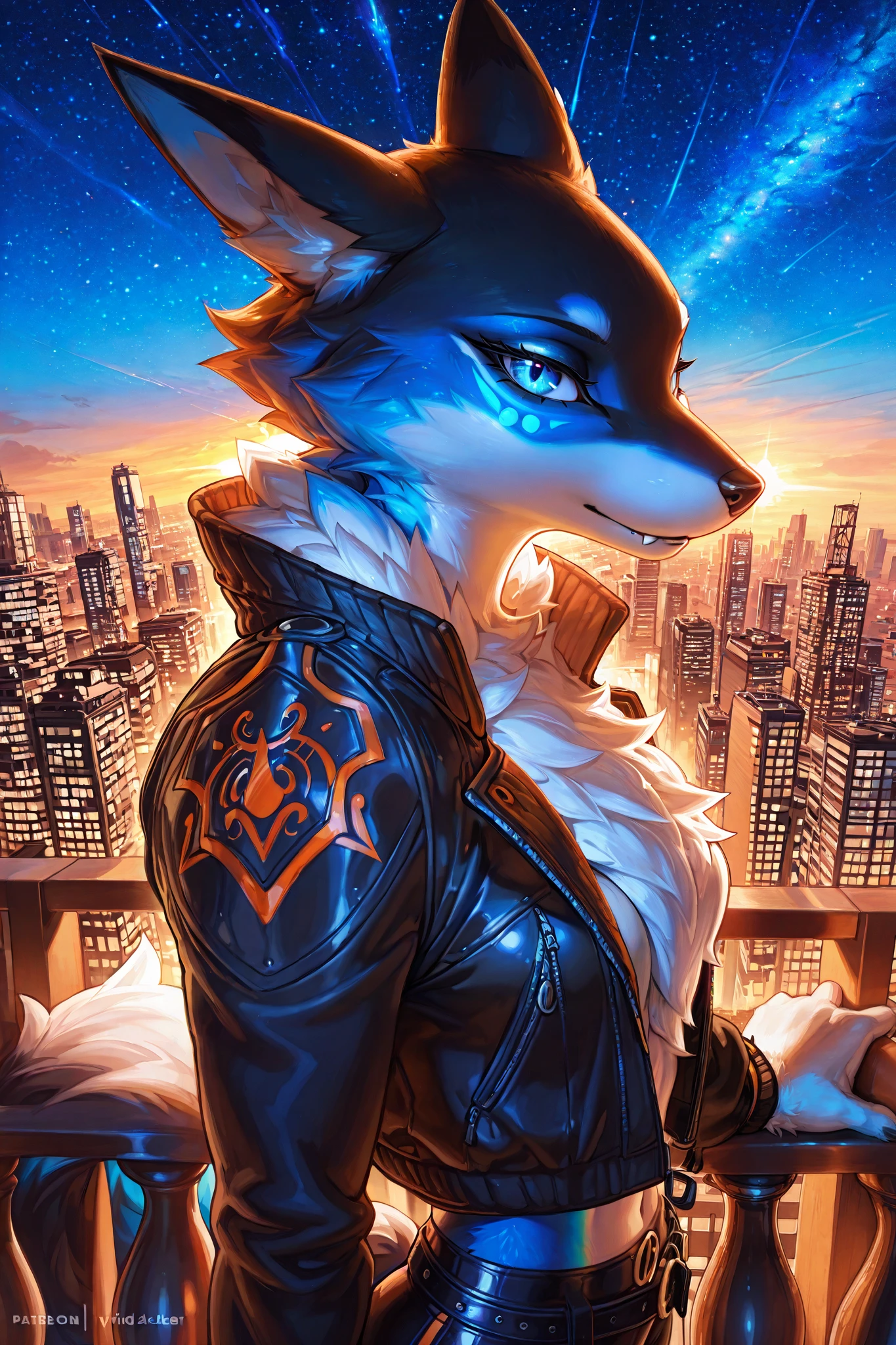 [Char1="Vixen anthro, blue fur, slim, white fur bosom, wearing black jacket with black fur on shoulders,black tight gluteus shape pant, fluffy fur, detailed fur, high details belt,yelan jacket style,genshin impact details style(slim,vivid sky blue eyes,perfect eyes), fangs, fluffy tail, perfect fox's tail:1.4, perfect anthro hand, "] char1's standing close to handrail in the balcony, on the balcony scenario, futuristic city, deep of view, fantasy world with night sky, bright stars, vivid colors, warm light, lucid gold line, galaxy sky:1.4, .masterpiece,-bad quality,oil painted,panoramic shot,aerial pov,highly details,ultra quality,4k quality, pixelsketcher:0.2 art style, beautiful furry,stable diffusion,5 fingers:1.3, high quality hands,fox furry,renamon colors fur:1.3, oil painted, 4k, perfect prospective, 