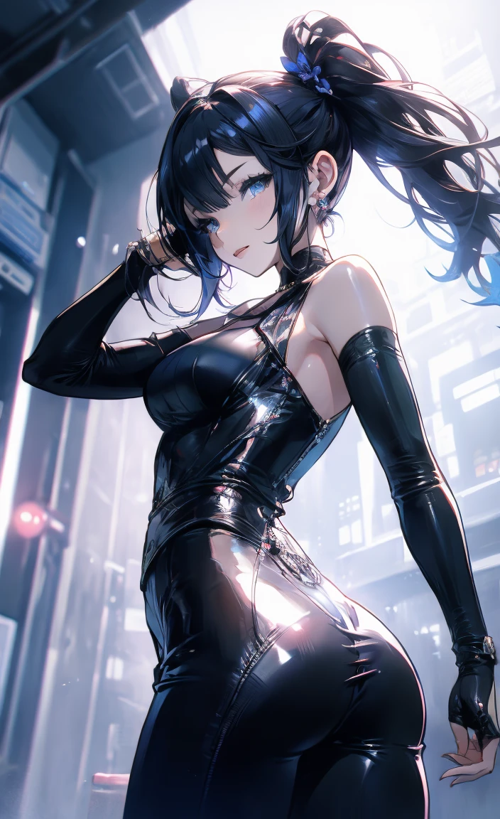(solo girl:1.2, shot from back, dynamic pose:1.1), (Swirling Large Head:1.3), cinematic shot, dramatic lighting emphasizing shadows, texture-rich details, laser effect to add depth, best quality.