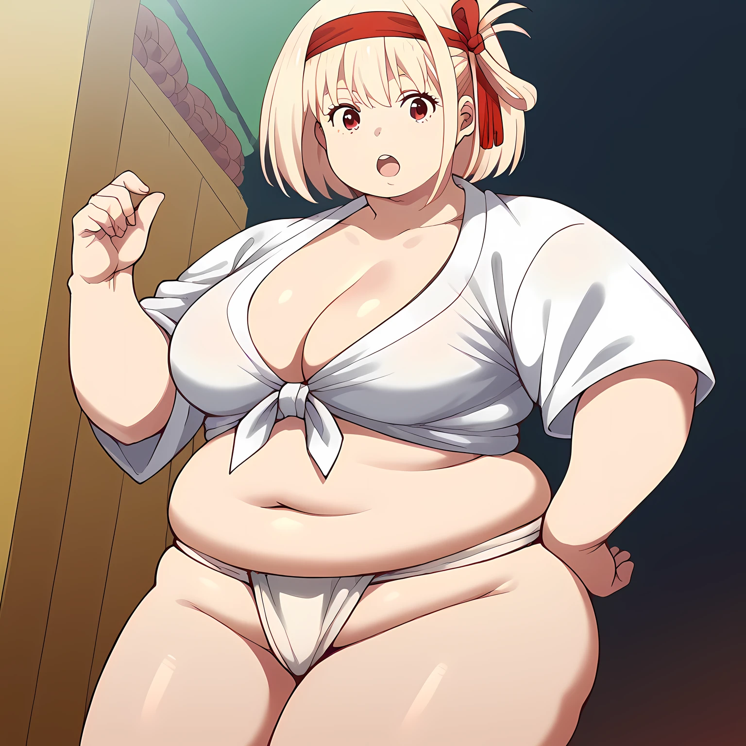 score_9, score_8_up, score_7_up, source_anime, chisatonishikigi, chisato nishikigi, short hair, bangs, blonde hair, red eyes, hair ribbon, one side up, bob cut,, mizu happi, fundoshi, japanese clothes, happi, tied shirt, headband, sarashi, cleavage, collarbone, navel,, festival, summer festival,, cowboy shot, dutch angle, looking at viewer, fat, chubby, obese, gigantic arms and legs, large breasts open mouth, out of breath