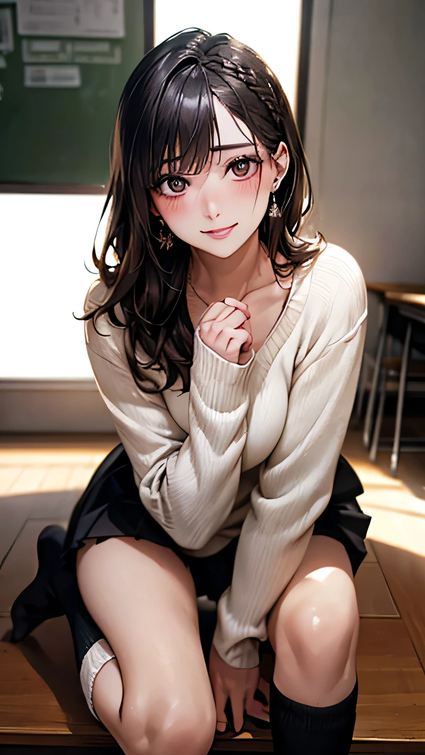 (Tabletop: 1.3), (Maximum resolution: 1.2), (Ultra HD TV: 1.2), Cinematic light, Ultra HD TV, (Detailed eyes and skin), (Detailed facial features), Hmph, 8k resolution, Sharp focus: 1.2, Perfect Style, Beautiful Face, Perfect body, Accurate, Anatomically correct, Highly detailed face and skin texture, Detailed eyes, Dark blue eyes, double eyelid, Thin eyebrows, Glitter Eyeliner: 1.2, Natural Cheeks, Glowing Skin, Fair skin: 1.2, Shiny little necklace and earrings, (Glossy Lips: 1.4), break, First Person View, (She is a very cute female teacher), (Pink lace panties), (Captivating smile: 1.2), ((Pure and cute girl:1.3)), (Long Wavy Hair), (Light Brown Hair:1.2), (Cowboy Shot: 1.2), break, ((Very close relationship: 1.2)), Medium large breasts, ((View your viewers:1.2)), ((Hot Spring Trip:1.2)), ((Bend your knees and open your legs wide:1.2)), (From the side:1.2),Low angle shot,Full Body Shot A light-colored, long-sleeved, tight-fitting sweater Tight Denim Mini Skirt Embarrassed look Kamimei