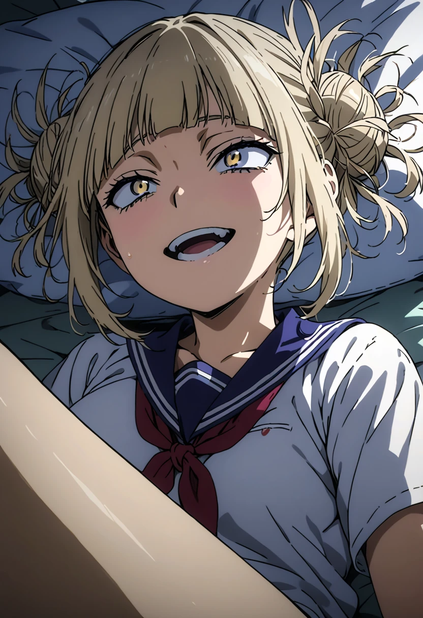 toga himiko, Double Bang ,  Yellow Eyes ,  blonde hair ,  wide open mouth, ,  school uniform, tooth, smile, ,  school uniform, tooth, smile,  sailor suit, Blue sailor collar, ((full body)),  Red Neckerchief , teeth,  top quality,wallpaper,  super detailed,  1 girl 、Thin legs、Make the head smaller、いたずらっぽいsmile,  the angle of looking up from below :1.5、♡♡♡、( Moving Pose )、 thighs thighs thighs  , is leaking sex by morning, Angle looking up from below:1.5,masterpiece,best quality,ultra detailed,supper fine illustration,hires,official art,  bed with crotch open,  orgasm,  Head On Pillow ,  lies in bed, sleep,  Light Blue Eyes, Almost naked,  nudes,  American Girl ,  purple and white cheerleader bra,  Purple Miniskirt , Small Top,  Big Breasts ,  Hands Spread Over Her Head ,  pale skin,  small,  is short,  Curvy Body,  cute face , Young Face, young  teenager flying over the park ,  teenager flying over the park ,  Pale White Legs , Bend one leg, 