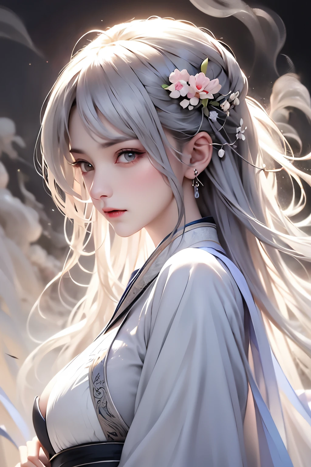 stone open-air bath surrounded by very high quality , masterpiece, Perfect illustration, very detailed ( Exquisite light and shadow , very dramatic pictures,Backlight) , ((Grey Hair:1.5)) 1 girl, Alone, (wearing Hanfu, Royalty、Black and white Hanfu,Heavy fabric, Long Sleeve ) flower畑, flower, (white smoke:1.3) ( realistic :1.4), Zen Intertwining, [ "Intertwined, Official Art , Unity 8K Wallpaper, very detailed, beautiful and beautiful , masterpiece, top quality, ( Dynamic Angle : 1.4), growing skin, ( in the left hand brightly colored flash floats: 1) Most Beautiful Chaotic Shapes , elegant , Brutalist Designs, bright color, romantic depth of field exotic_dance