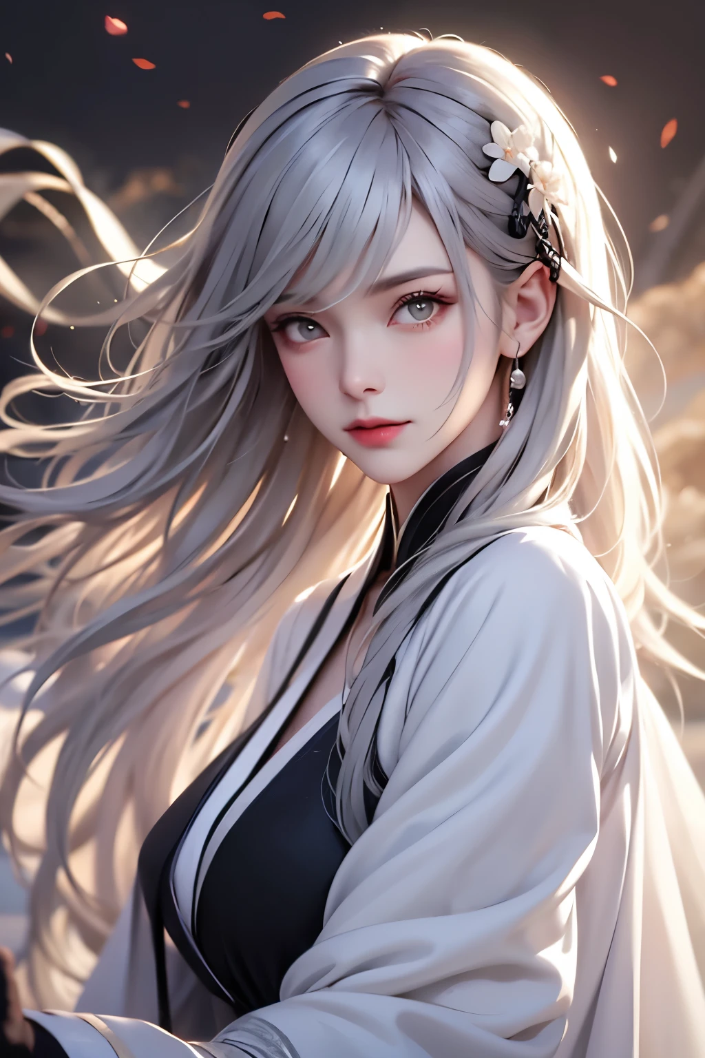 stone open-air bath surrounded by very high quality , masterpiece, Perfect illustration, very detailed ( Exquisite light and shadow , very dramatic pictures,Backlight) , ((Grey Hair:1.5)) 1 girl, Alone, (wearing Hanfu, Royalty、Black and white Hanfu,Heavy fabric, Long Sleeve ) flower畑, flower, (white smoke:1.3) ( realistic :1.4), Zen Intertwining, [ "Intertwined, Official Art , Unity 8K Wallpaper, very detailed, beautiful and beautiful , masterpiece, top quality, ( Dynamic Angle : 1.4), growing skin, ( in the left hand brightly colored flash floats: 1) Most Beautiful Chaotic Shapes , elegant , Brutalist Designs, bright color, romantic depth of field exotic_dance
